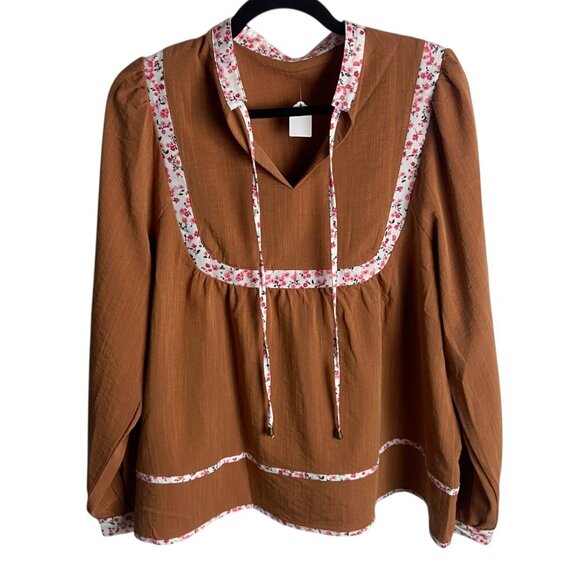 Boho Orange Split Neck Pleated Floral Trim Long Puff Sleeve Blouse Top Prairie - Picture 2 of 6